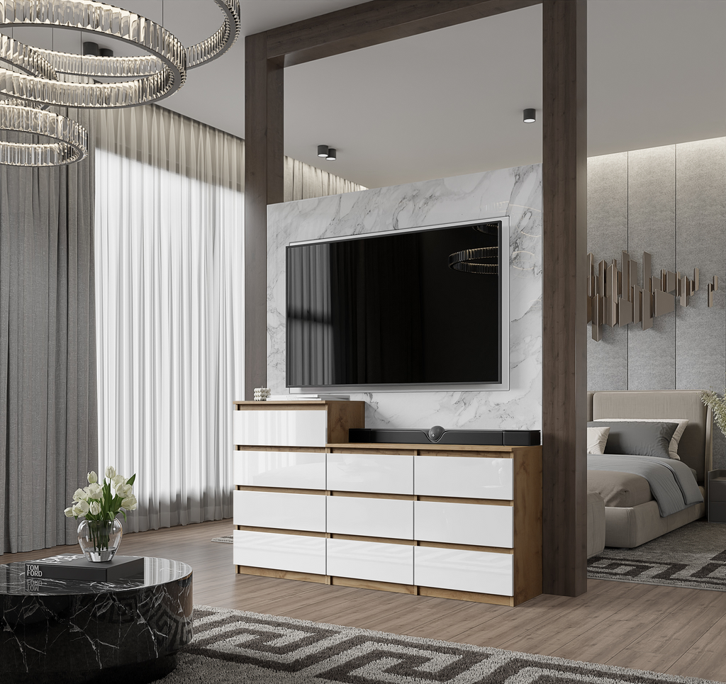 GABRIEL - Kommode / Sideboard mit 10 Schubladen (6+4) - Wotan Eiche / Weiß Gloss H92/70cm B160cm T33cm