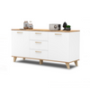 INGRID - Skandinavisch Kommode / Sideboard mit 3 Schubladen, 2 Türen - Weiß Matt / Wotan Eiche H75cm B150cm T45cm