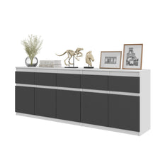 NOAH - Kommode mit 5 Schubladen und 5 Türen - Schlafzimmer Kommode Aufbewahrung Schrank Sideboard - Weiß Matt / Anthrazit H75cm B200cm T35cm