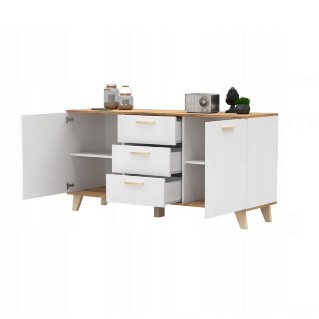 INGRID - Skandinavisch Kommode / Sideboard mit 3 Schubladen, 2 Türen - Weiß Matt / Wotan Eiche H75cm B150cm T45cm