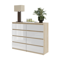 GABRIEL - Kommode / Sideboard mit 8 Schubladen - Sonoma Eiche / Weiß Gloss H92cm B120cm T33cm