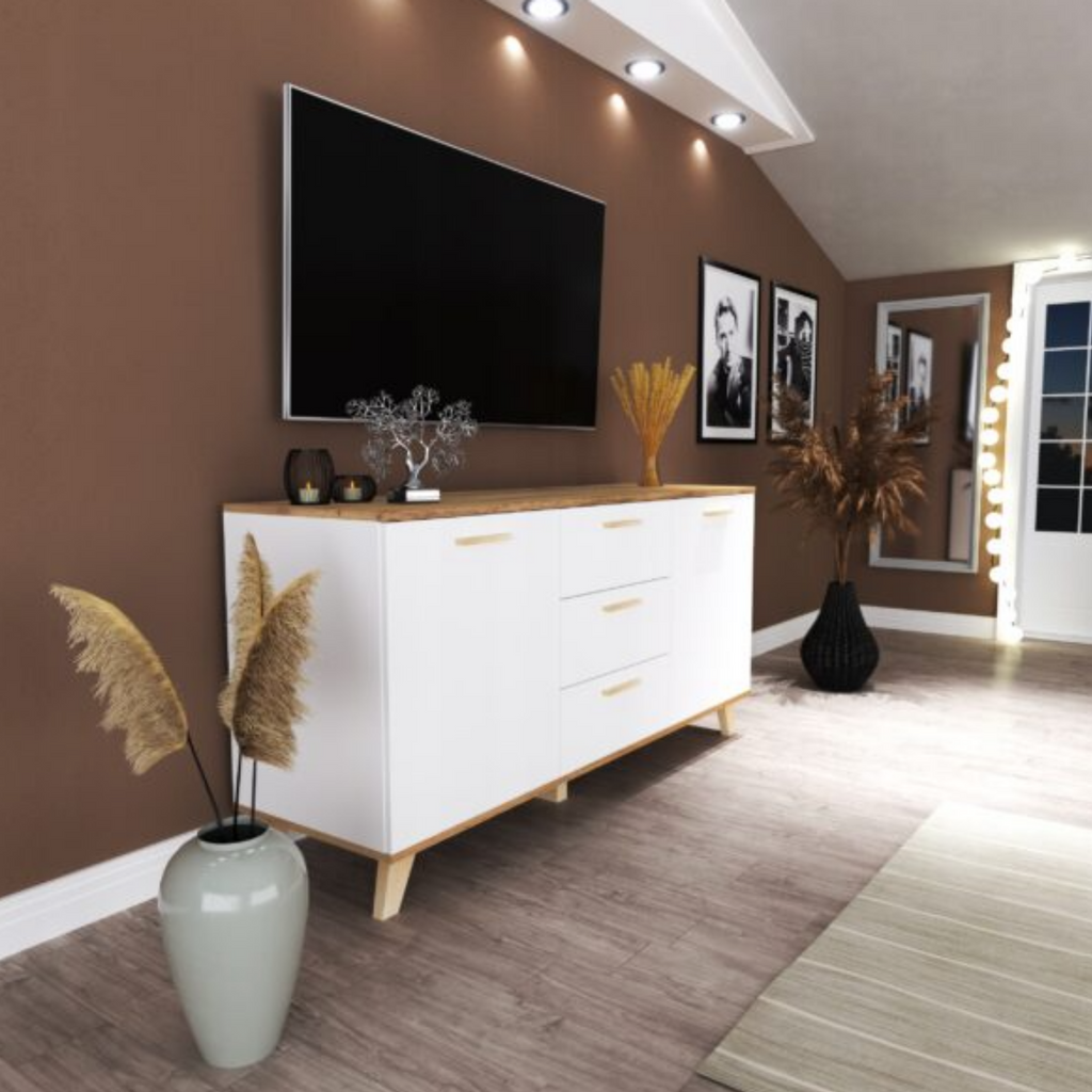INGRID - Skandinavisch Kommode / Sideboard mit 3 Schubladen, 2 Türen - Weiß Matt / Wotan Eiche H75cm B150cm T45cm