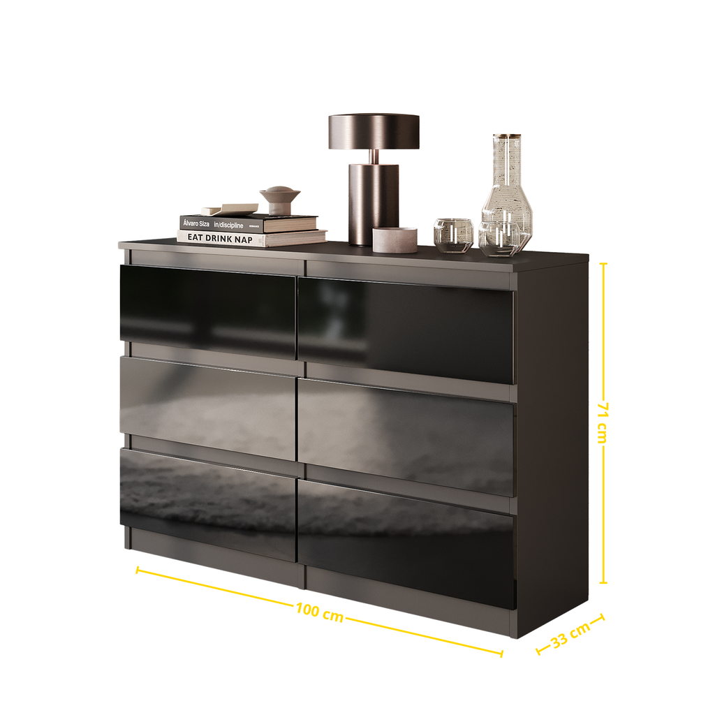 GABRIEL - Kommode / Sideboard mit 6 Schubladen - Anthrazit / Schwarz Gloss H71cm B100cm TD33cm