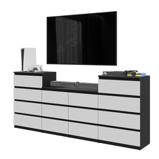 GABRIEL - Kommode / Sideboard mit 14 Schubladen (4+6+4) - Schwarz Matt / Weiß Matt H92/70cm B220cm T33cm