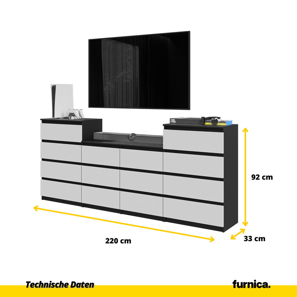 GABRIEL - Kommode / Sideboard mit 14 Schubladen (4+6+4) - Schwarz Matt / Weiß Matt H92/70cm B220cm T33cm