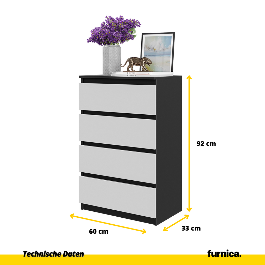 GABRIEL - Kommode / Sideboard mit 4 Schubladen - Schwarz Matt / Weiß Matt H92cm B60cm T33cm