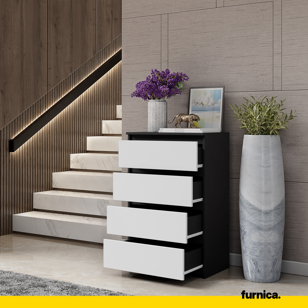 GABRIEL - Kommode / Sideboard mit 4 Schubladen - Schwarz Matt / Weiß Matt H92cm B60cm T33cm