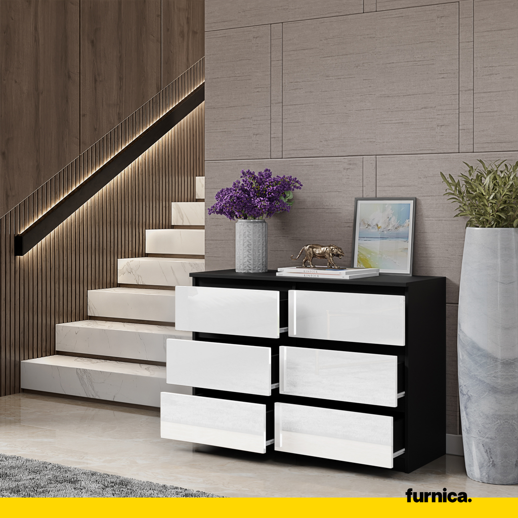 GABRIEL - Kommode / Sideboard mit 6 Schubladen - Schwarz Matt / Weiß Gloss H71cm B100cm TD33cm