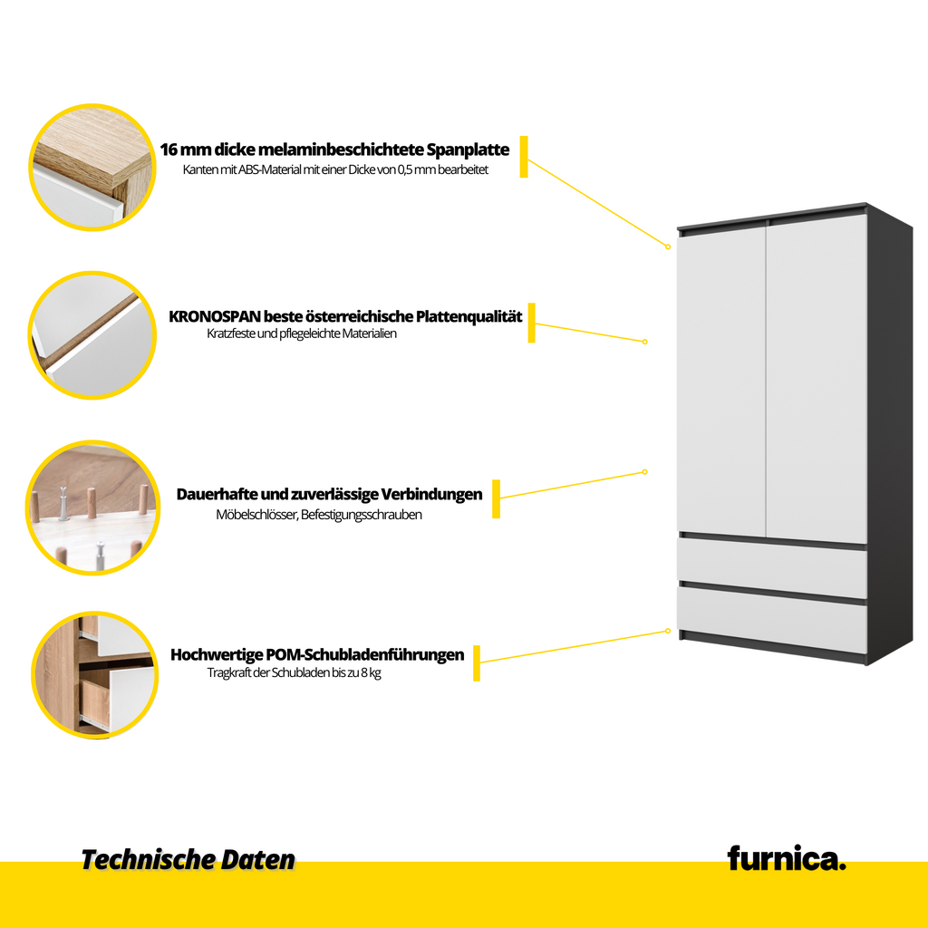 JOELLE - Kleiderschrank mit 2 Türen und 2 Schubladen -  Anthrazit / Weiß Matt H180cm B90cm T50cm