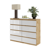 GABRIEL - Kommode / Sideboard mit 8 Schubladen - Wotan Eiche / Weiß Glanz H92cm B120cm T33cm