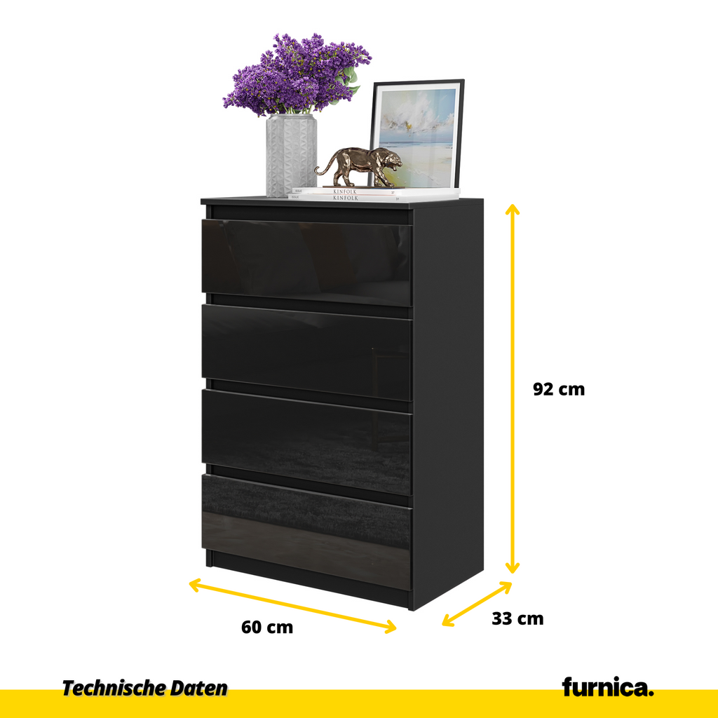 GABRIEL - Kommode / Sideboard mit 4 Schubladen - Schwarz Matt / Schwarz Gloss H92cm B60cm T33cm