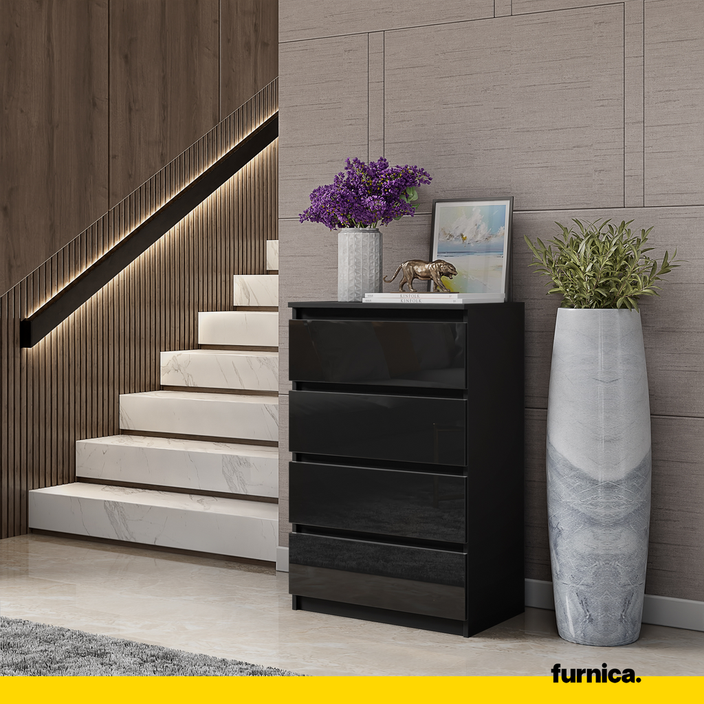 GABRIEL - Kommode / Sideboard mit 4 Schubladen - Schwarz Matt / Schwarz Gloss H92cm B60cm T33cm