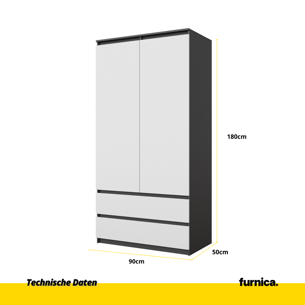 JOELLE - Kleiderschrank mit 2 Türen und 2 Schubladen -  Anthrazit / Weiß Matt H180cm B90cm T50cm