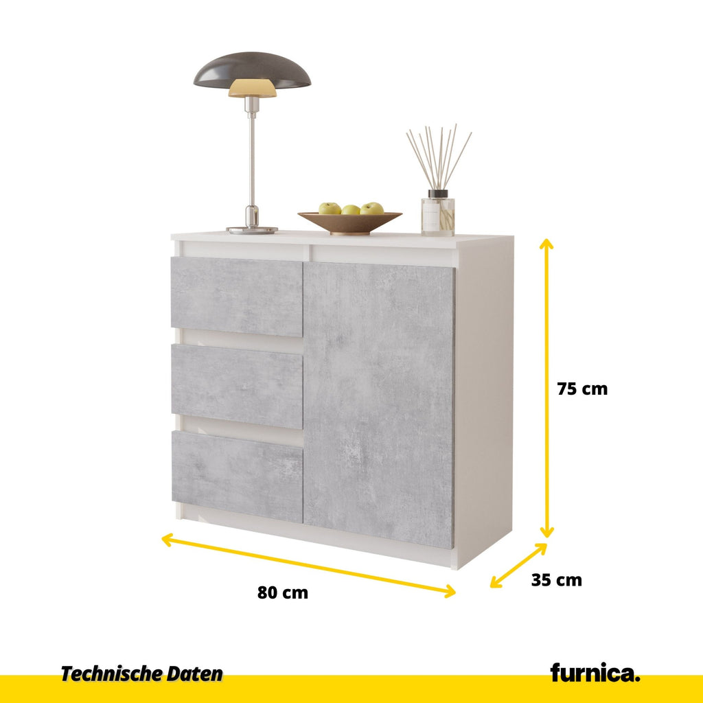 MIKEL - Kommode / Sideboard mit 3 Schubladen und 1 Tür - Weiß Matt / Beton-Optik H75cm B80cm T35cm