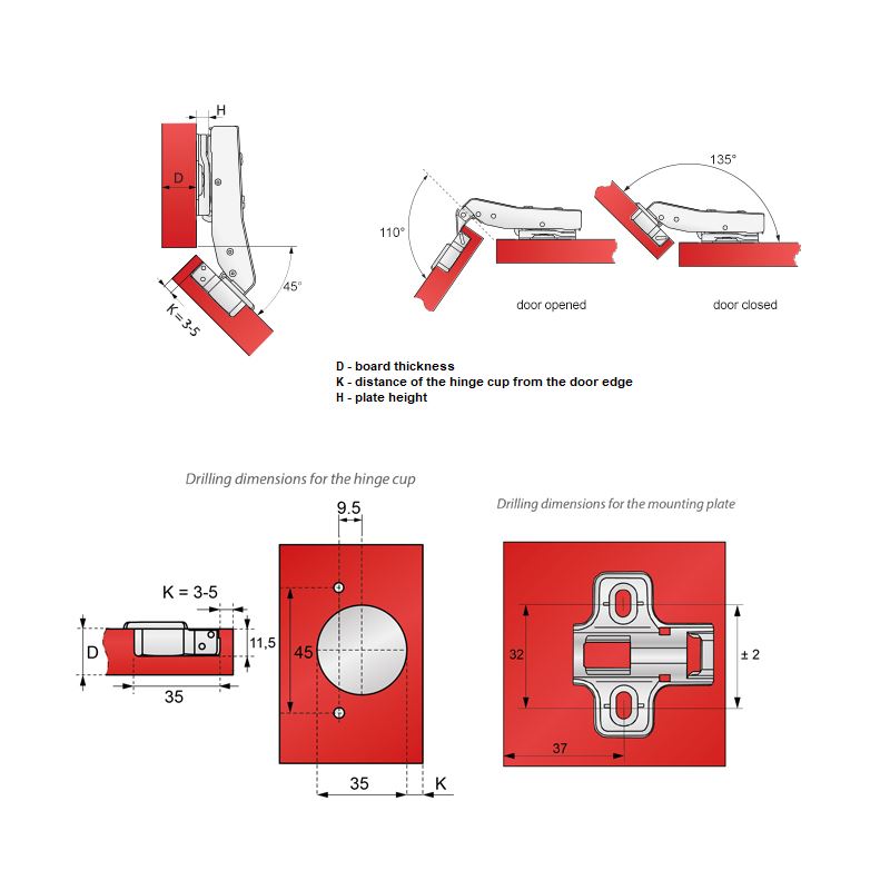 +45º Scharnier Soft-Close Topfband, H2 Montageplatte mit EURO Schrauben für Eckschränke