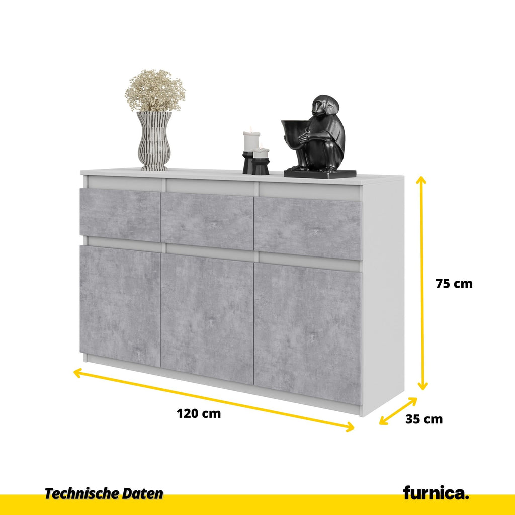 NOAH - Kommode / Sideboard mit 3 Schubladen und 3 Türen - Weiß Matt / Beton-Optik H75cm B120cm T35cm