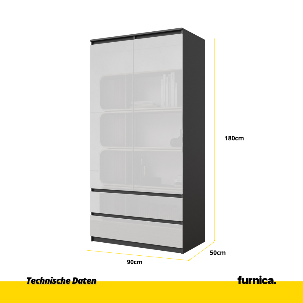 JOELLE - Kleiderschrank mit 2 Türen und 2 Schubladen -  Anthrazit / Weiß Gloss H180cm B90cm T50cm