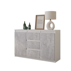MIKEL - Kommode / Sideboard mit 3 Schubladen und 2 Türen - Weiß Matt / Beton-Optik H75cm B120cm T35cm