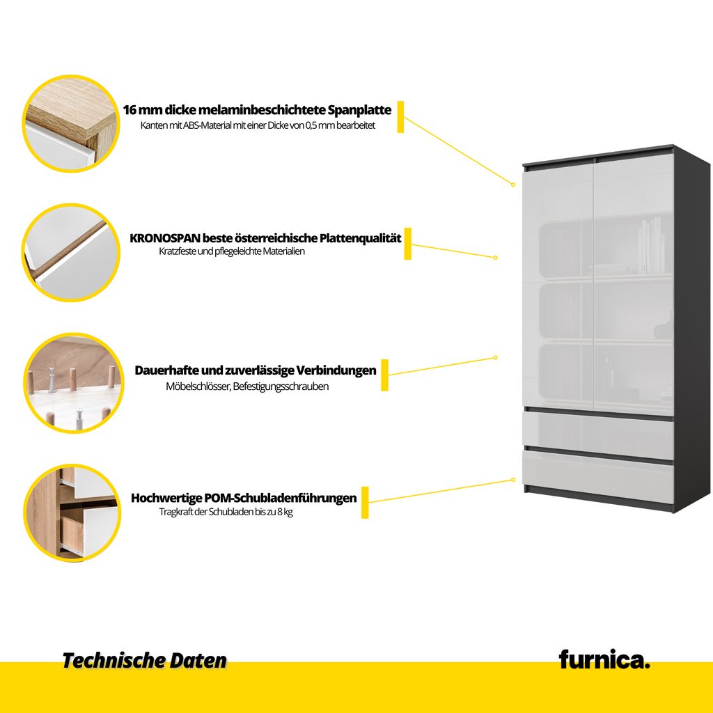 JOELLE - Kleiderschrank mit 2 Türen und 2 Schubladen -  Anthrazit / Weiß Gloss H180cm B90cm T50cm