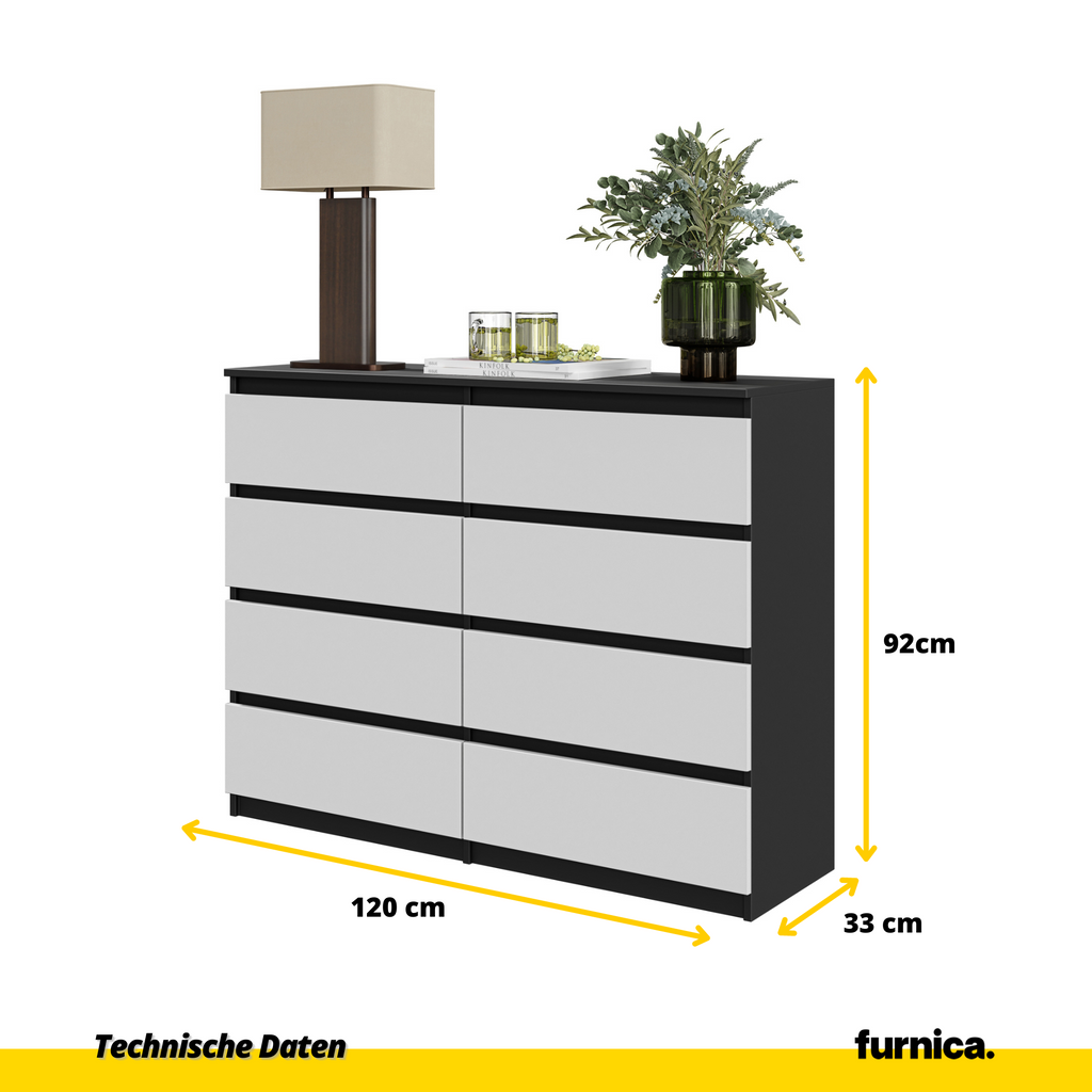 GABRIEL - Kommode / Sideboard mit 8 Schubladen - Schwarz Matt / Weiß Matt H92cm B120cm T33cm