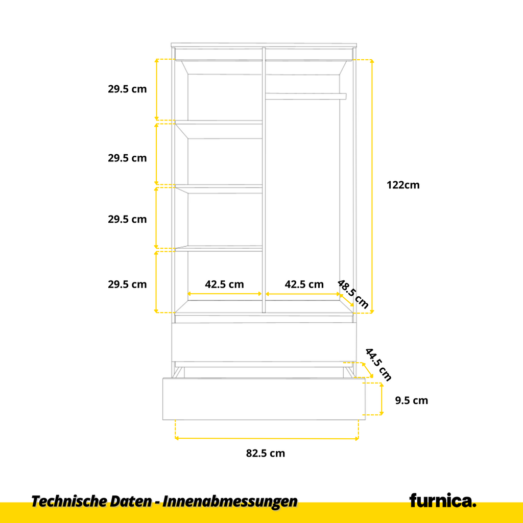 JOELLE - Kleiderschrank mit 2 Türen und 2 Schubladen - Sonoma Eiche / Weiß Gloss H180cm B90cm T50cm