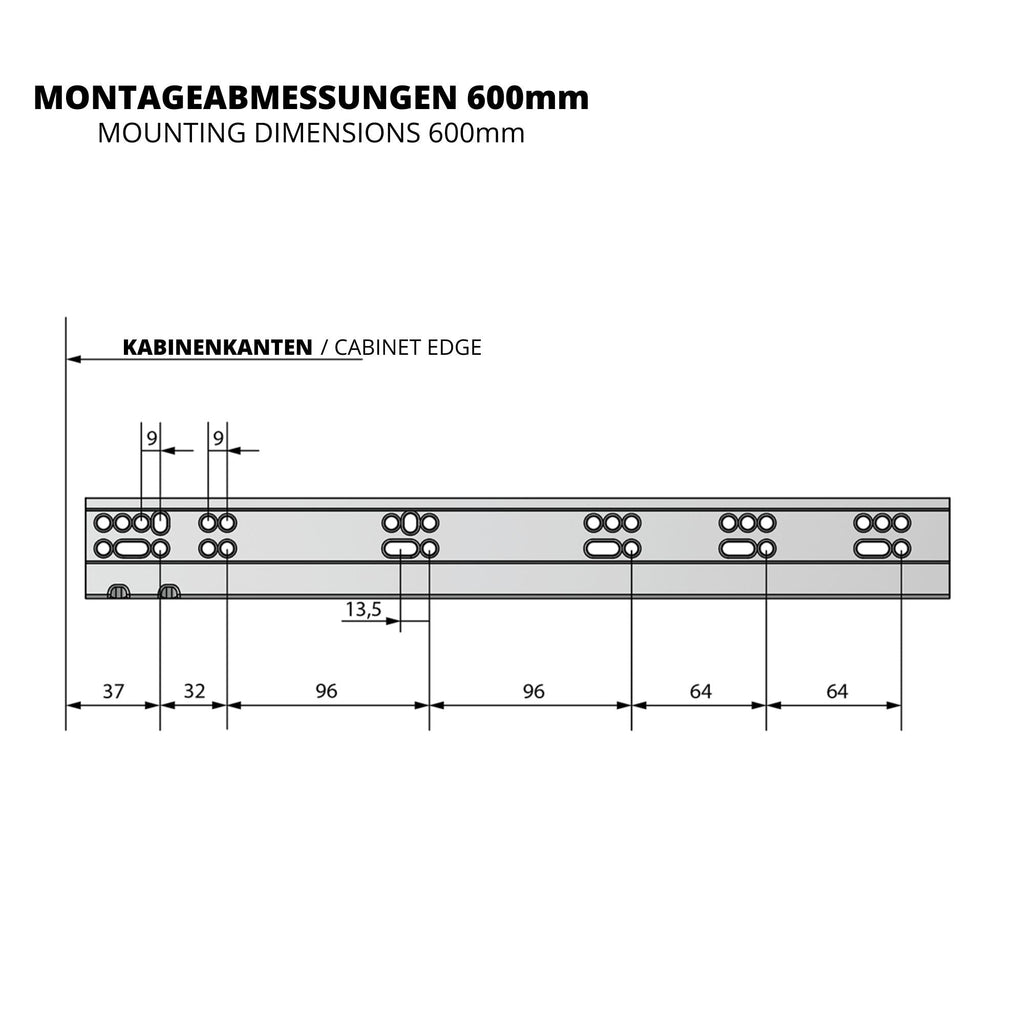 Soft-Close Unterflurführungen Schubladenschienen, Vollauszug 250mm - 600mm