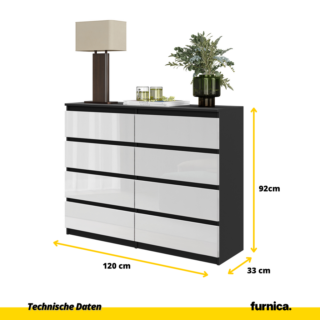 GABRIEL - Kommode / Sideboard mit 8 Schubladen - Schwarz Matt / Weiß Gloss H92cm B120cm T33cm
