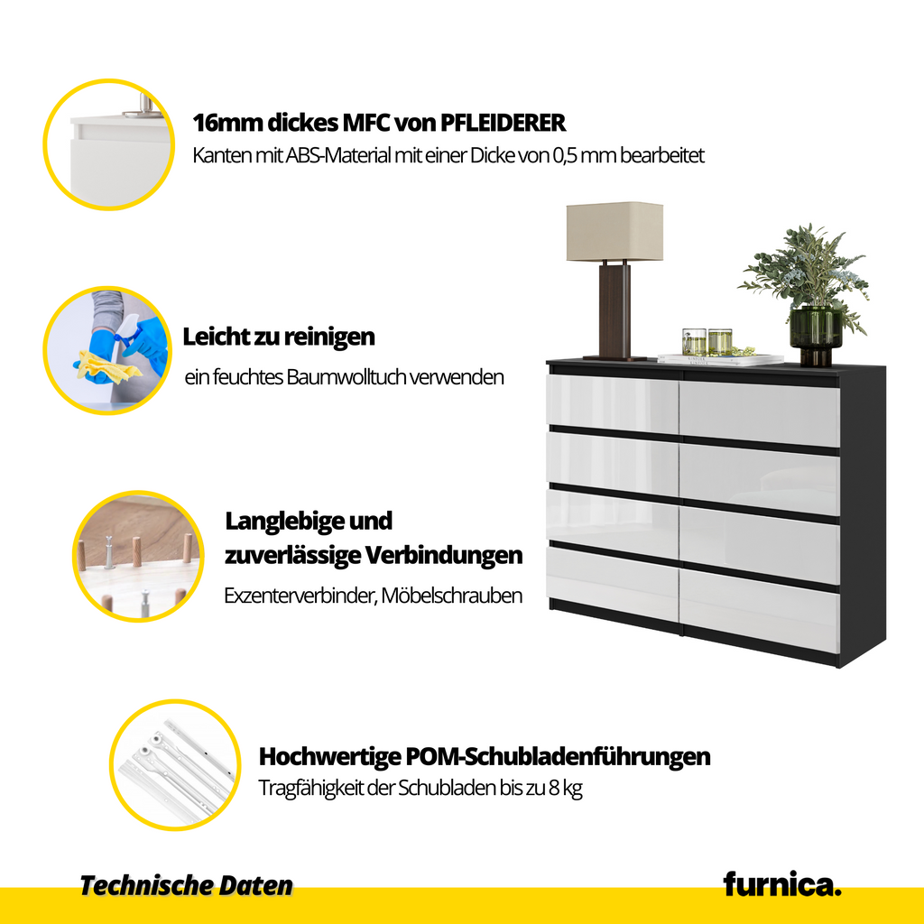 GABRIEL - Kommode / Sideboard mit 8 Schubladen - Schwarz Matt / Weiß Gloss H92cm B120cm T33cm
