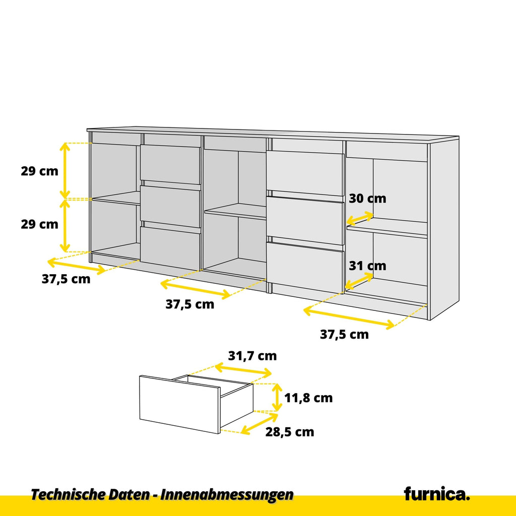 MIKEL - Kommode / Sideboard mit 6 Schubladen und 3 Tür - Weiß Matt / Weiß Gloss H75cm B80cm T35cm