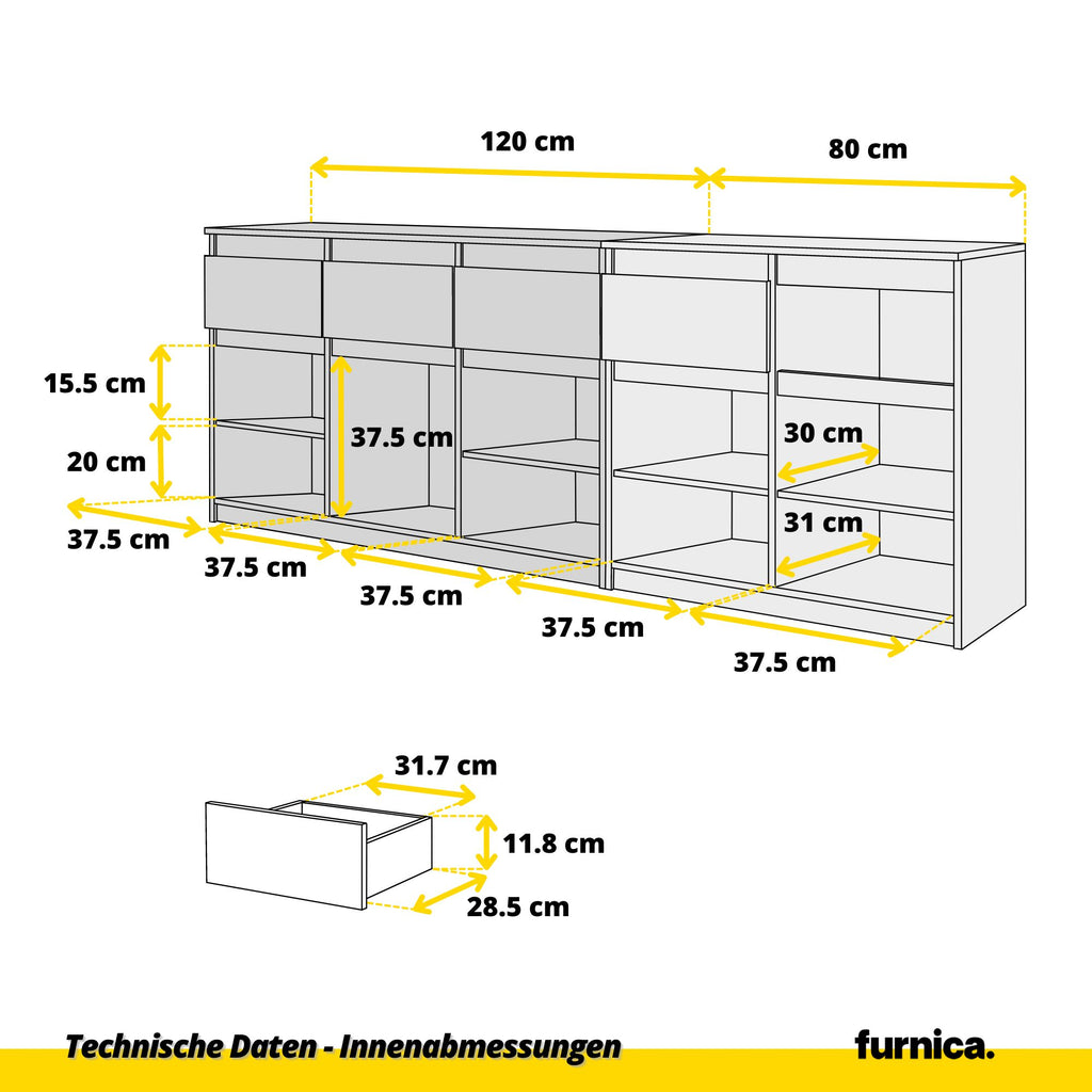 NOAH - Kommode / Sideboard mit 5 Schubladen und 5 Tür - Beton-Optik H75cm B80cm T35cm