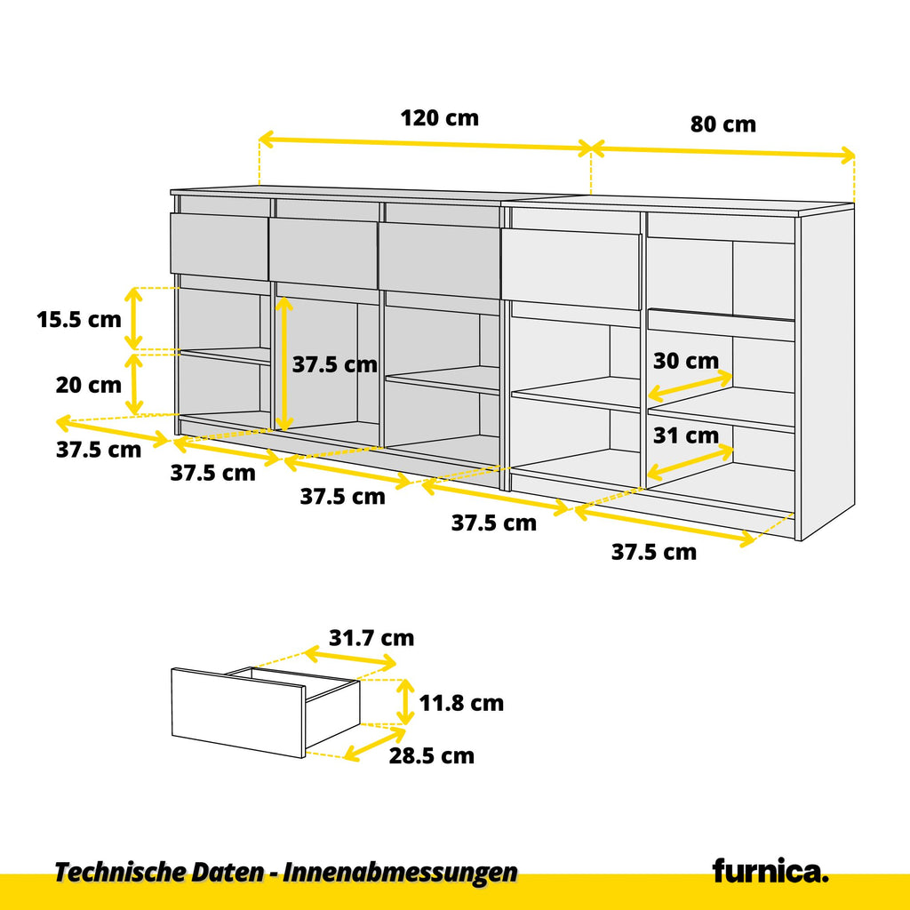 NOAH - Kommode / Sideboard mit 5 Schubladen und 5 Tür - Wotan Eiche H75cm B80cm T35cm