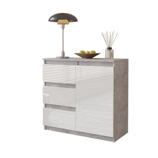 MIKEL - Kommode / Sideboard mit 3 Schubladen und 1 Tür - Beton-Optik / Weiß Gloss H75cm B80cm T35cm