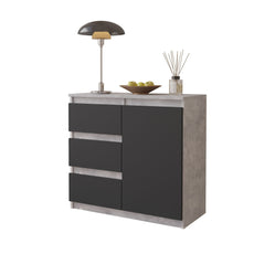 MIKEL - Kommode / Sideboard mit 3 Schubladen und 1 Tür - Beton-Optik / Anthrazit Grau H75cm B80cm T35cm