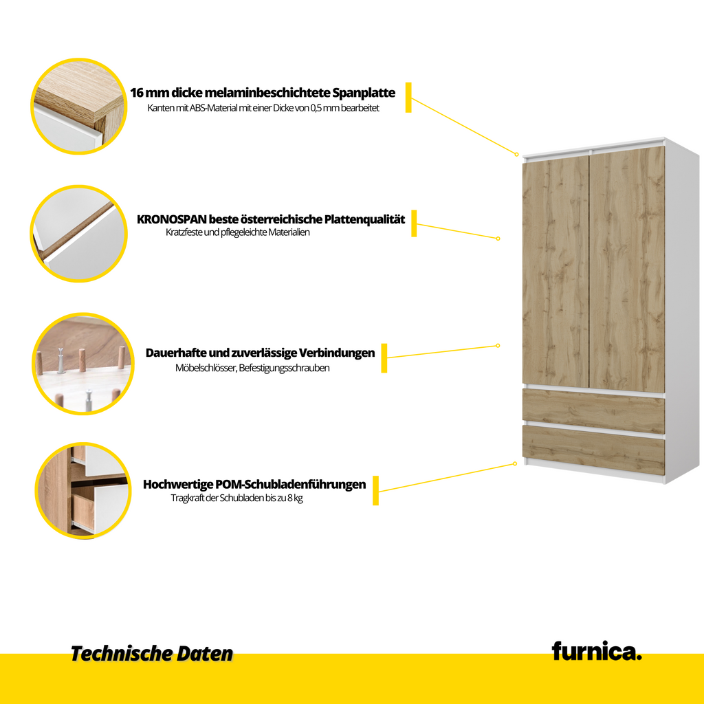 JOELLE - Kleiderschrank mit 2 Türen und 2 Schubladen - Weiß Matt / Wotan Eiche H180cm B90cm T50cm