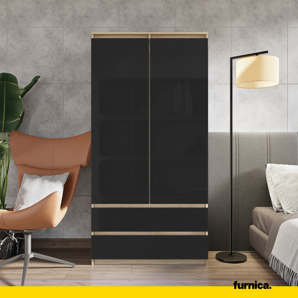 JOELLE - Kleiderschrank mit 2 Türen und 2 Schubladen -  Sonoma Eiche / Schwarz Gloss H180cm B90cm T50cm