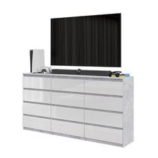 GABRIEL - Kommode / Sideboard mit 12 Schubladen (8+4) - Beton-Optik /Weiß Gloss H92cm B180cm T33cm