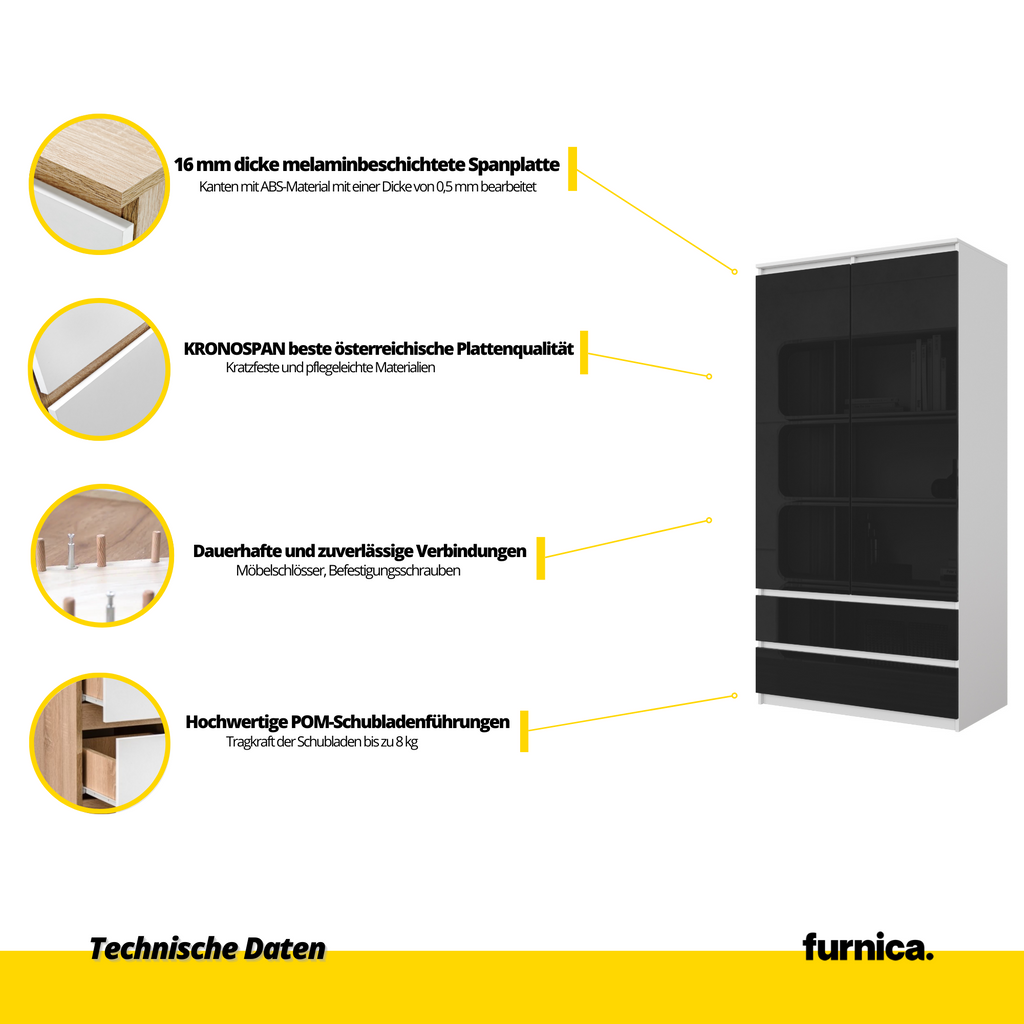 JOELLE - Kleiderschrank mit 2 Türen und 2 Schubladen -  Weiß Matt / Schwarz Gloss H180cm B90cm T50cm