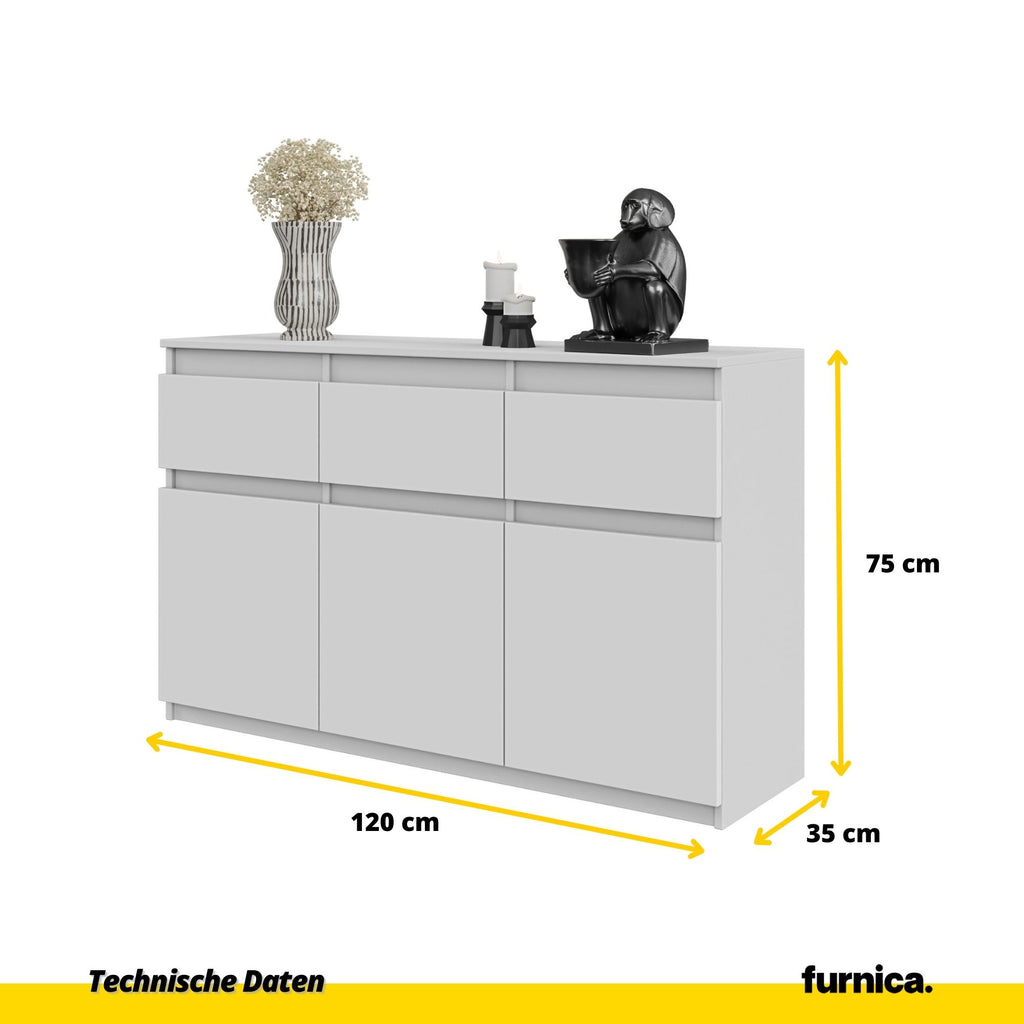 NOAH - Kommode / Sideboard mit 3 Schubladen und 3 Türen - Weiß Matt H75cm B120cm T35cm