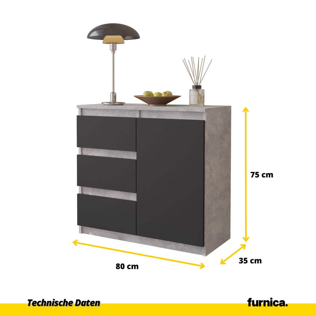 MIKEL - Kommode / Sideboard mit 3 Schubladen und 1 Tür - Beton-Optik / Anthrazit Grau H75cm B80cm T35cm