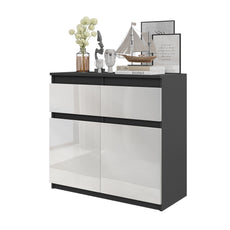 NOAH - Kommode / Sideboard mit 2 Schubladen und 2 Türen - Anthrazit Grau / Weiß Gloss H75cm B80cm T35cm