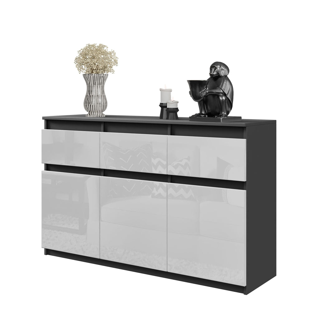 NOAH - Kommode / Sideboard mit 3 Schubladen und 3 Türen - Anthrazit Grau / Weiß Gloss H75cm B120cm T35cm