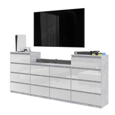 GABRIEL - Kommode / Sideboard mit 14 Schubladen (4+6+4) - Beton-Optik / Weiß Gloss H92/70cm B220cm T33cm