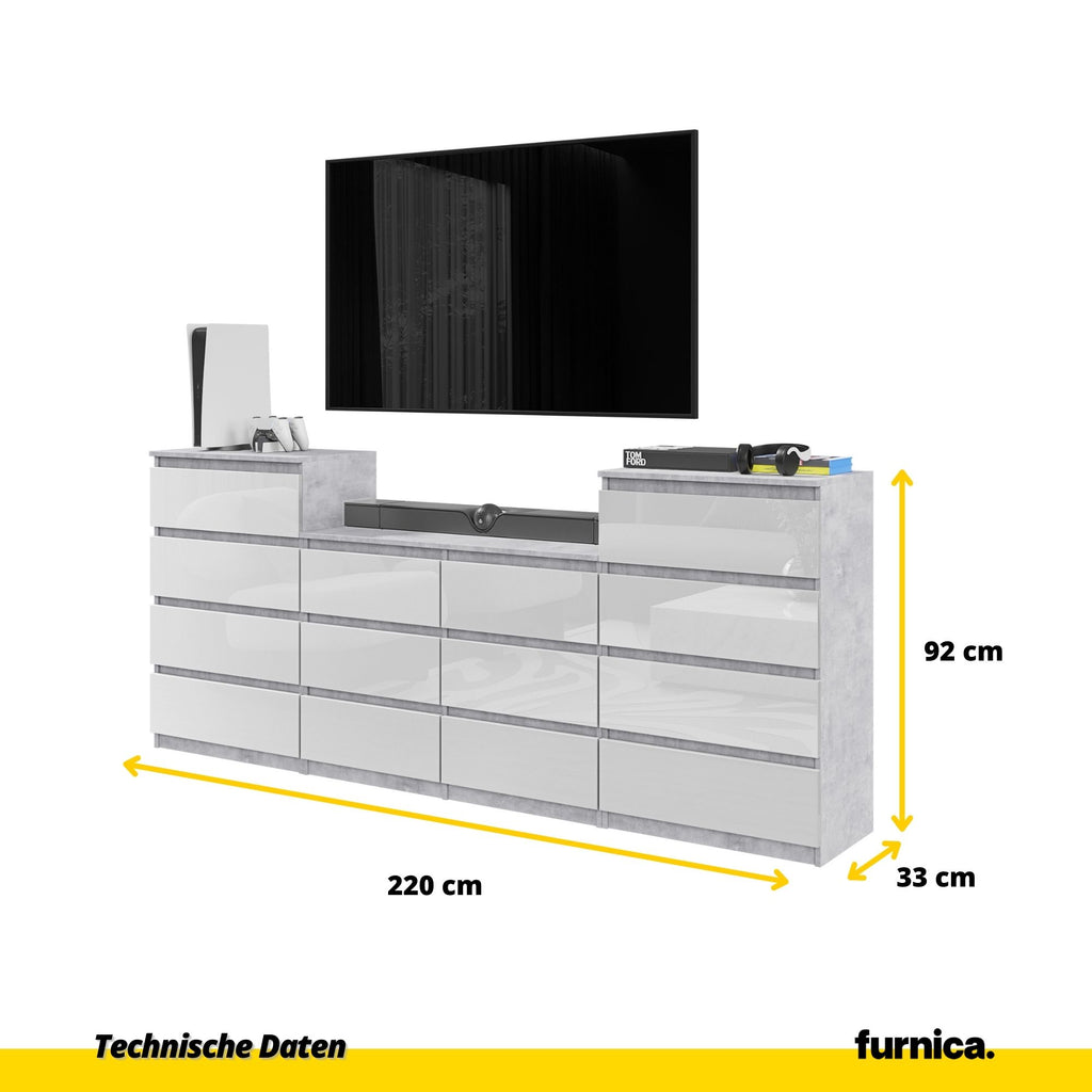 GABRIEL - Kommode / Sideboard mit 14 Schubladen (4+6+4) - Beton-Optik / Weiß Gloss H92/70cm B220cm T33cm