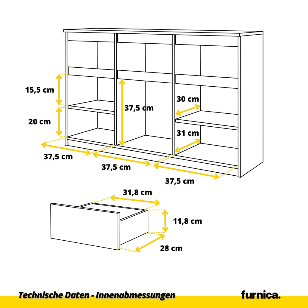 NOAH - Kommode / Sideboard mit 3 Schubladen und 3 Türen - Anthrazit Grau / Schwarz Gloss H75cm B120cm T35cm