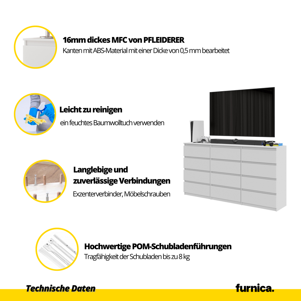 GABRIEL - Kommode / Sideboard mit 12 Schubladen (8+4) - Wotan Eiche / Weiß Gloss H92cm B180cm T33cm