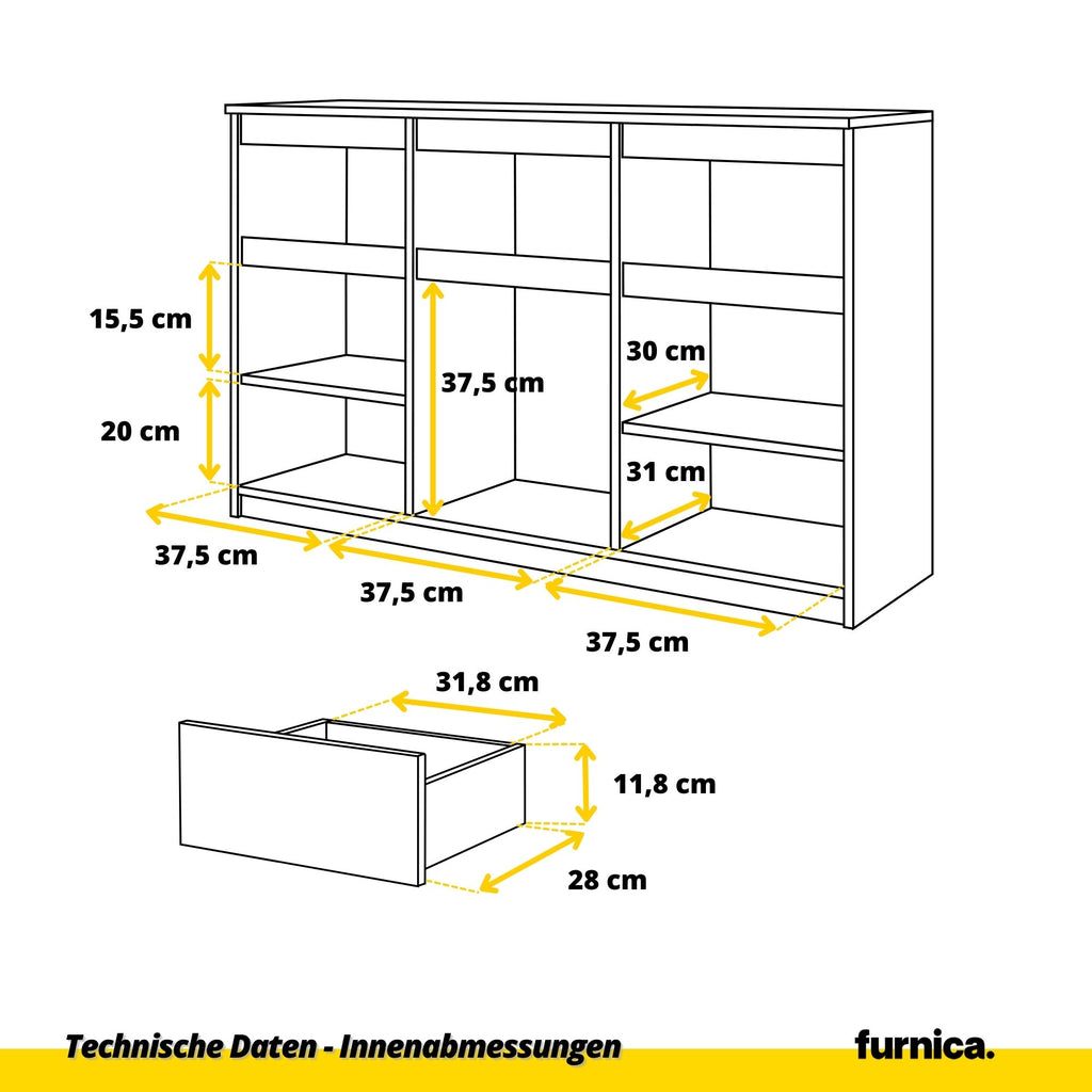 NOAH - Kommode / Sideboard mit 3 Schubladen und 3 Türen - Anthrazit Grau / Sonoma Eiche H75cm B120cm T35cm