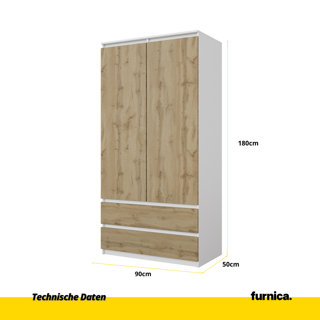 JOELLE - Kleiderschrank mit 2 Türen und 2 Schubladen - Weiß Matt / Wotan Eiche H180cm B90cm T50cm