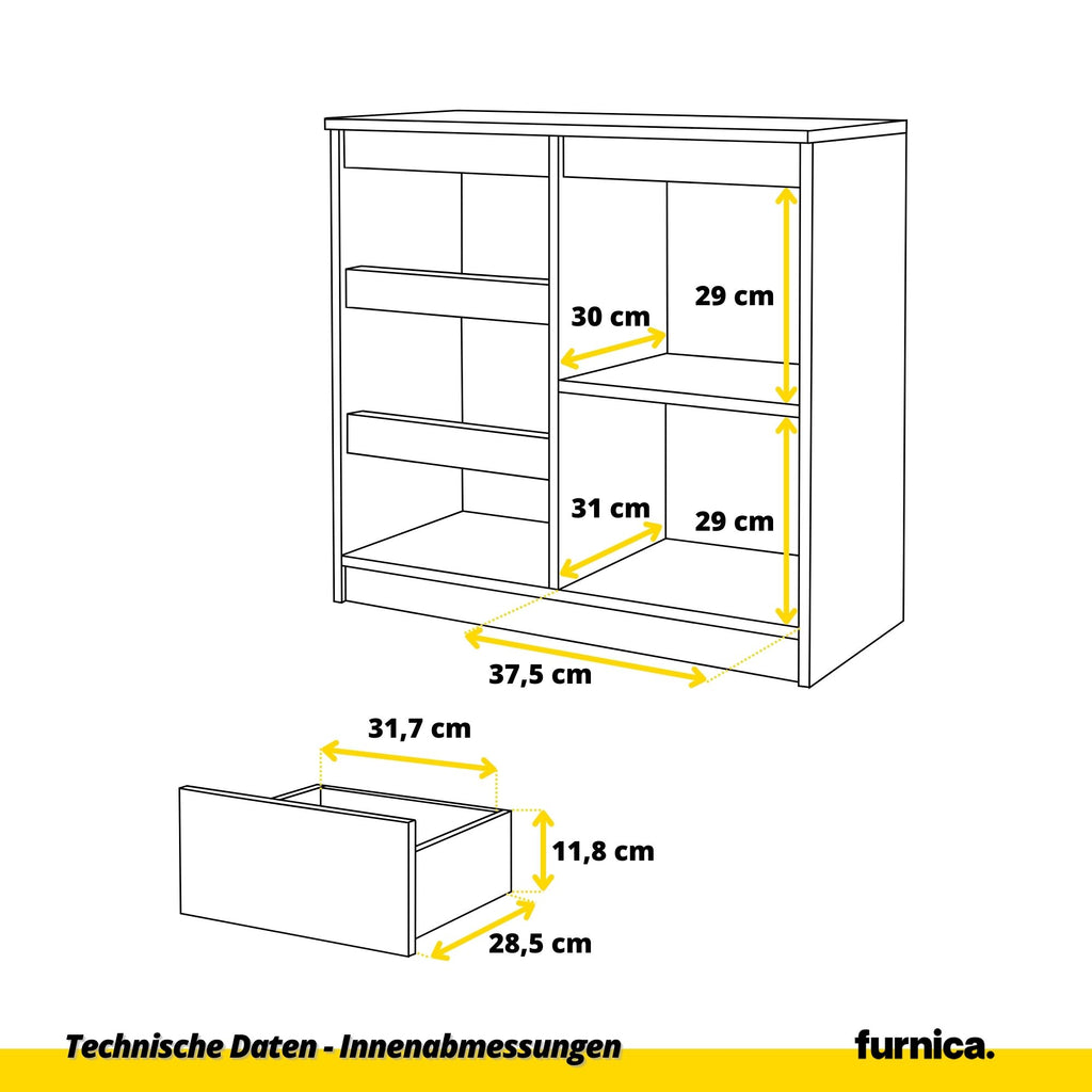 MIKEL - Kommode / Sideboard mit 3 Schubladen und 1 Tür - Wotan Eiche / Weiß Gloss H75cm B80cm T35cm