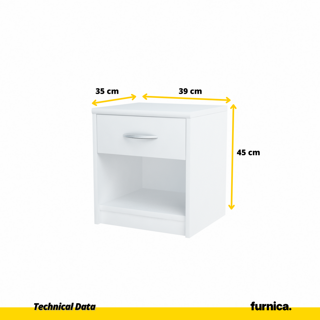 JULIA - Nachttisch - Nachtschrank mit 1 Schubladen - Weiß Matt H45cm B39cm T35cm