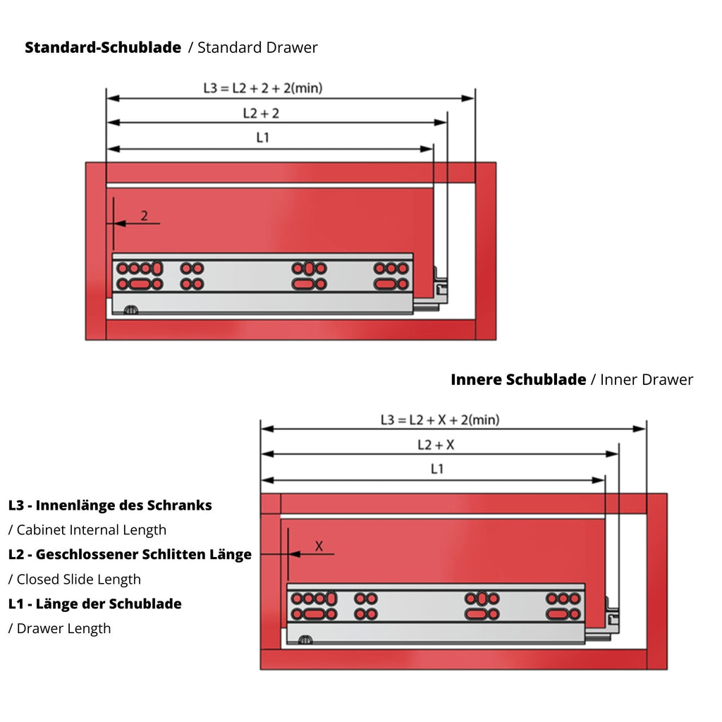 Soft-Close Unterflurführungen Schubladenschienen, Vollauszug 350mm